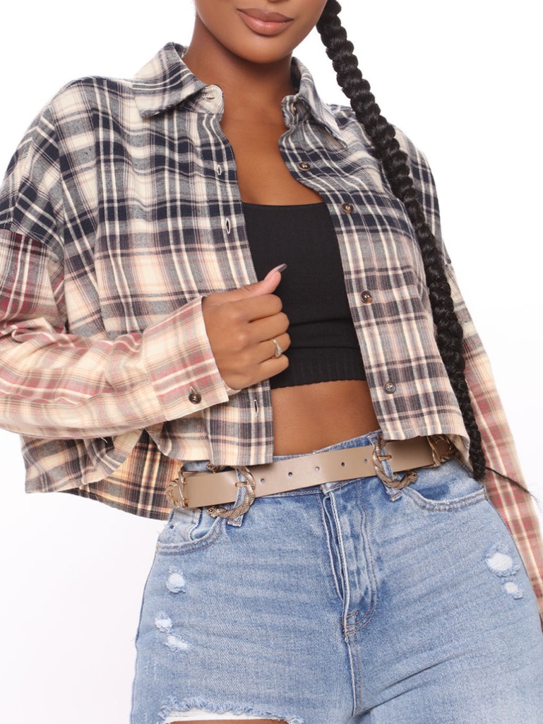 Fashion Nova Cropped Plaid Button-Up Shirt In Beige, Navy And Red